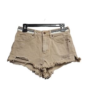 P.S. Erin Wasson Tan Beige Crochet Embroidered Jean Shorts Size 27 Distressed